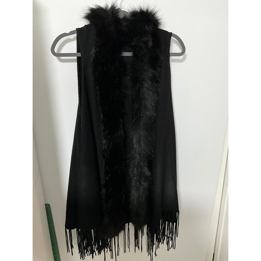 Black Faux Fur Trim Fringe Knit Vest Open Front Sleeveless Wrap Shawl RN136026
